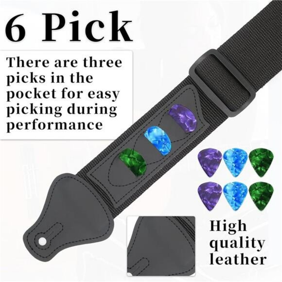 Adjustable guitar strap with pick holders fits electric acoustic bass guitar - Picture 2 of 7